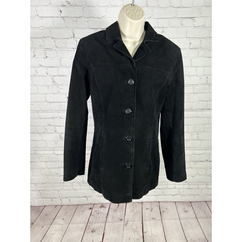 Nine West Solid Black Button Down Black Suede Leather Coat Women’s S